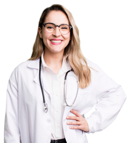 Foto de uma doutora sorridente esperando você para atender